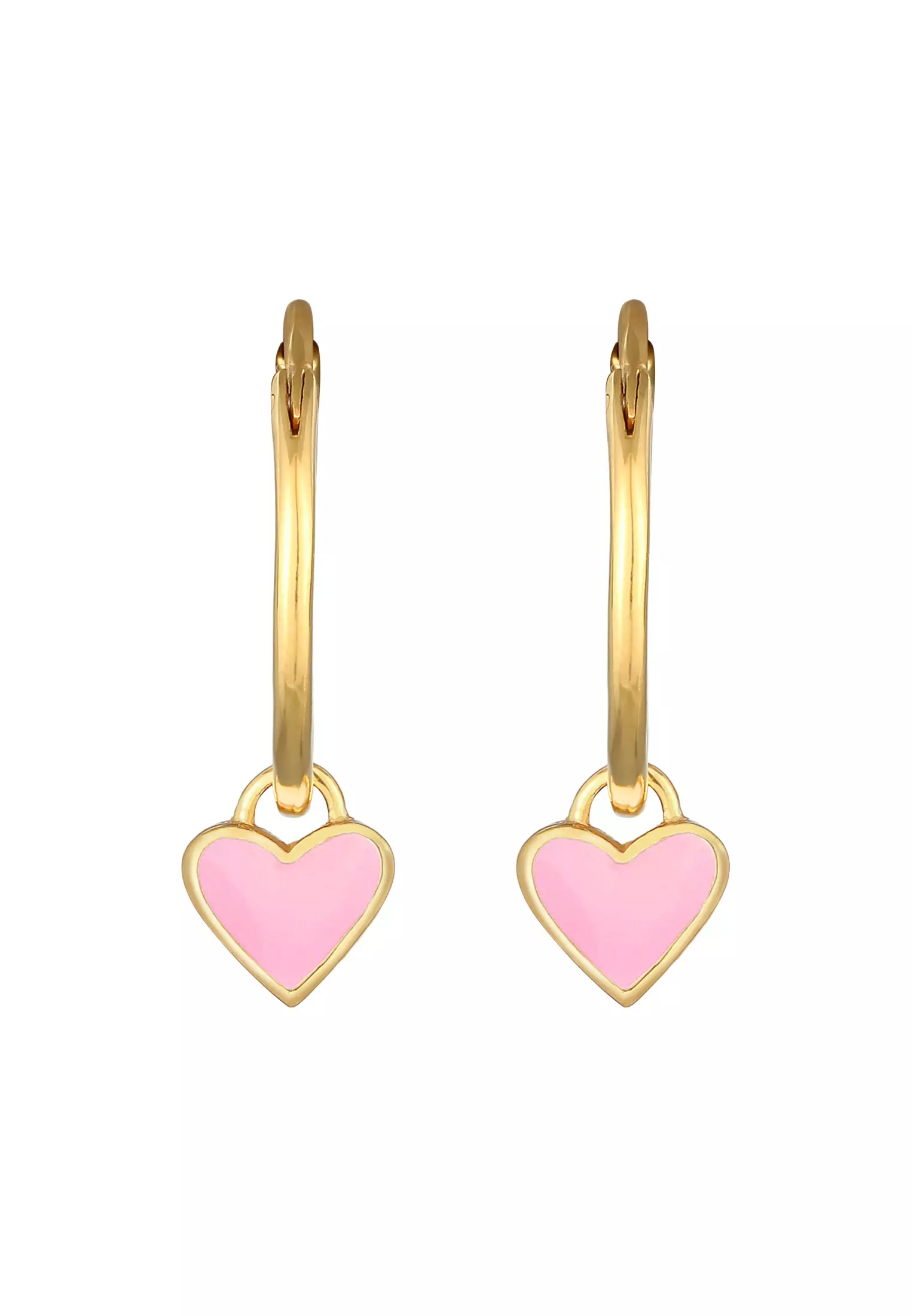 Earrings Creoles Heart Pendant Enamel Pink Gold Plated