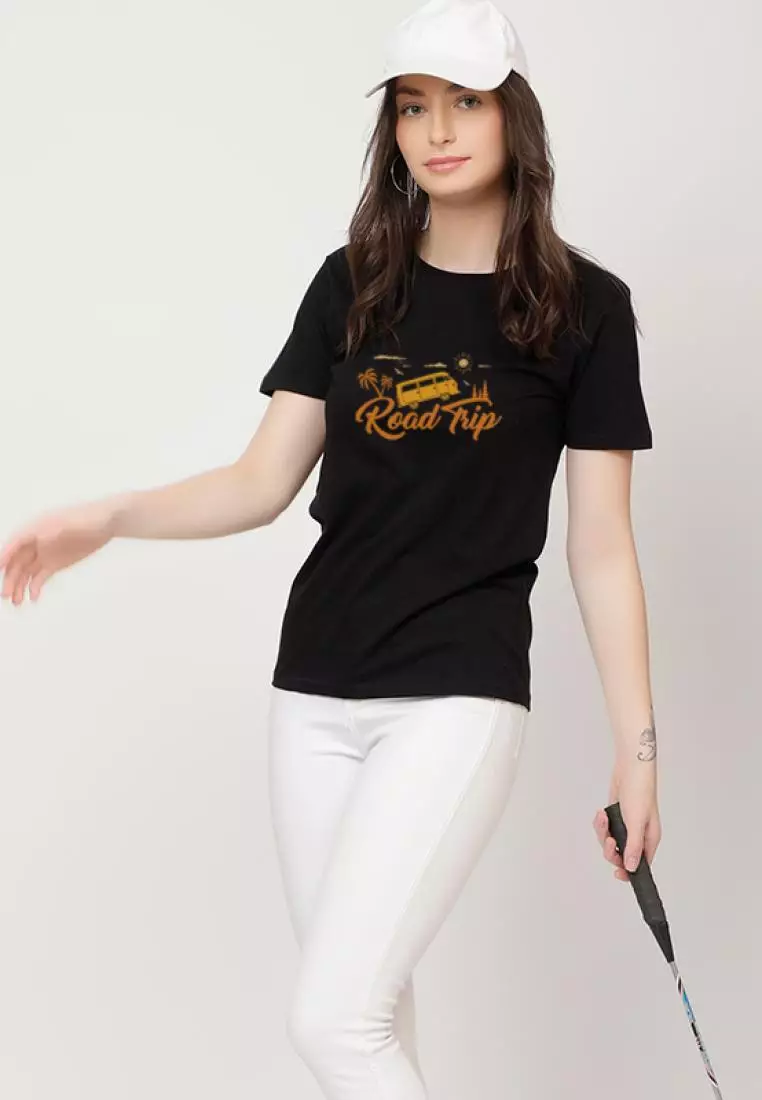 公路旅行休闲短袖时尚黑色棉质休闲图案印花 T 恤/T 恤