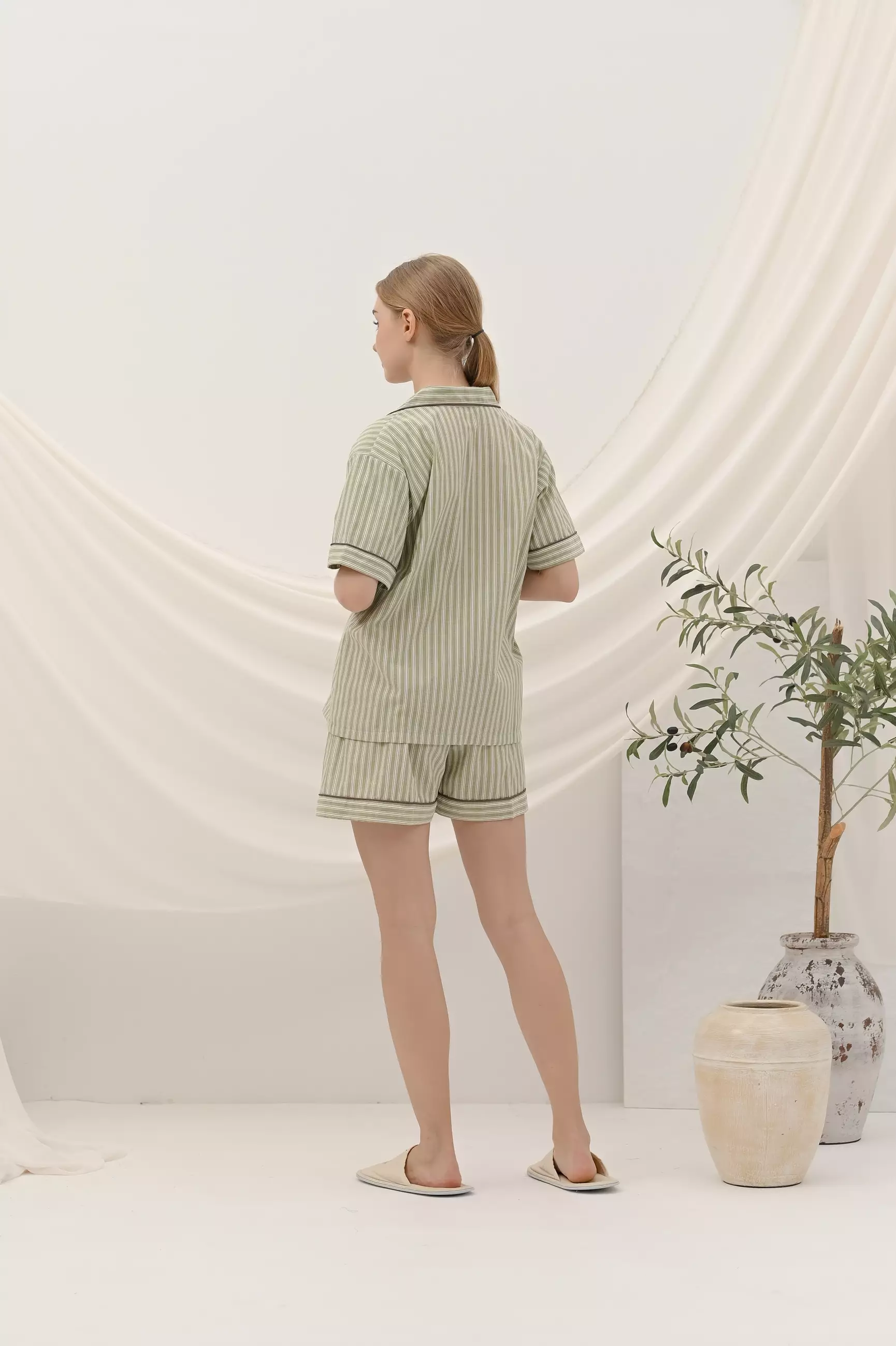 One Set Piyama Katun Celana Pendek - Stripe Lemongrass | Baju Tidur Sleepwear Wanita