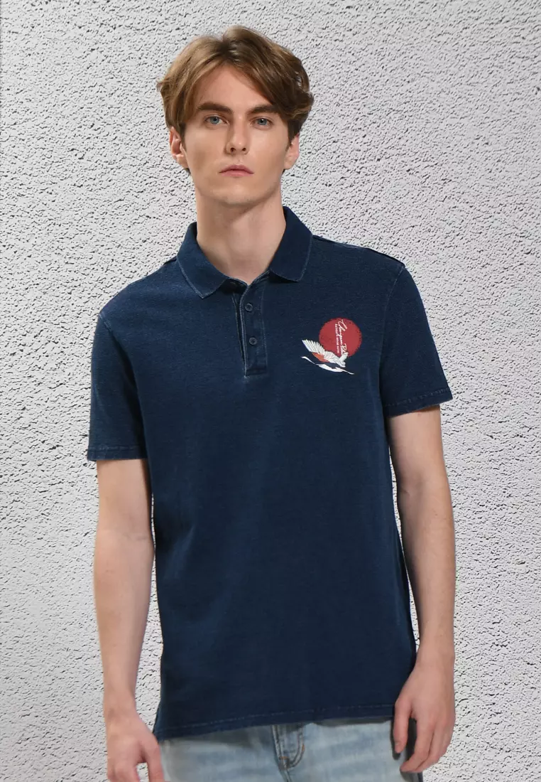 Chevignon Mens V57 Unique Washed Indigo Crane Chest Print Polo