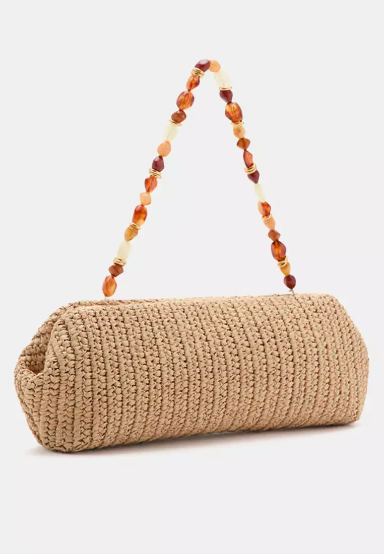 Natural Fibre Shoulder Bag With Bead Detail
