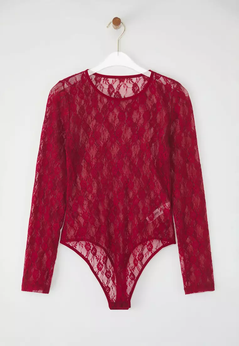 Claret Red Lace Openwork/Holeless Covered Snap Knit Bodysuit THMAW25BD00001