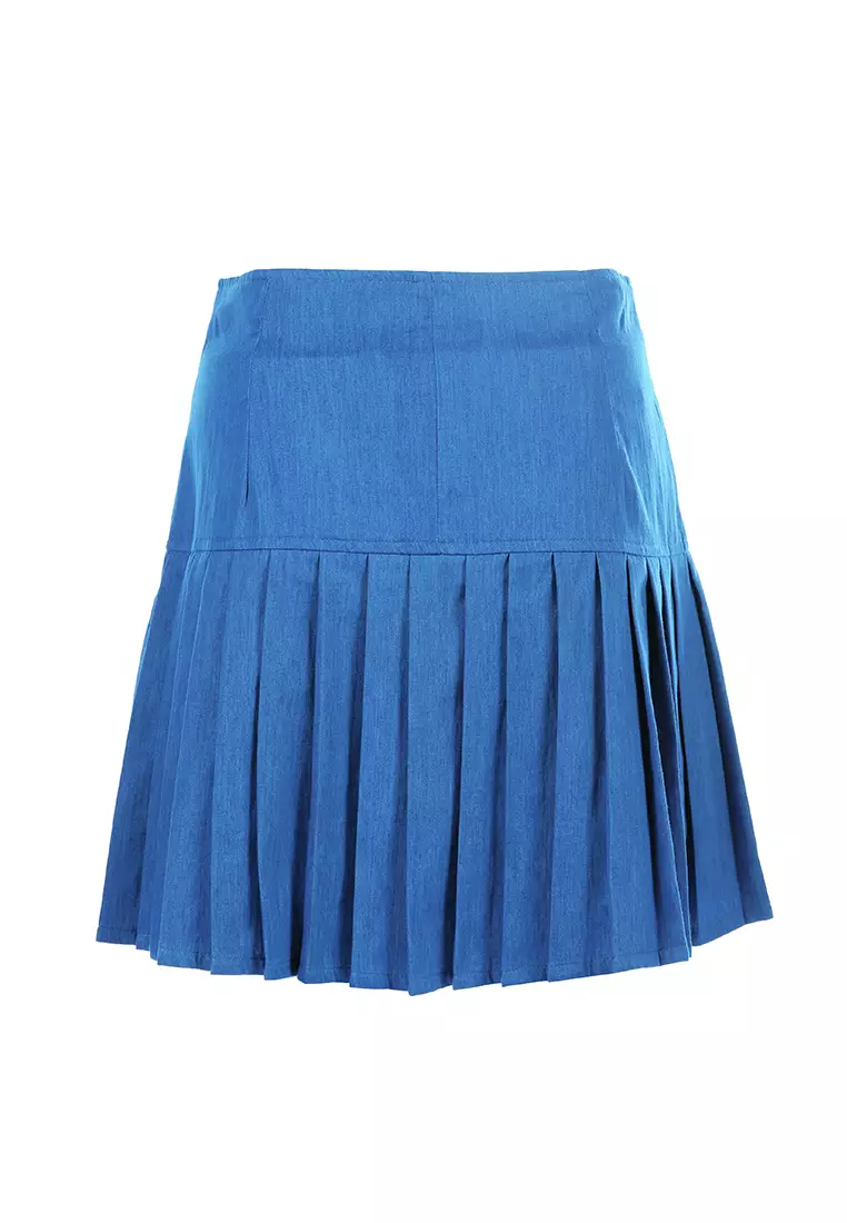 Pleated Drop Waist Godet Skirt in Blue