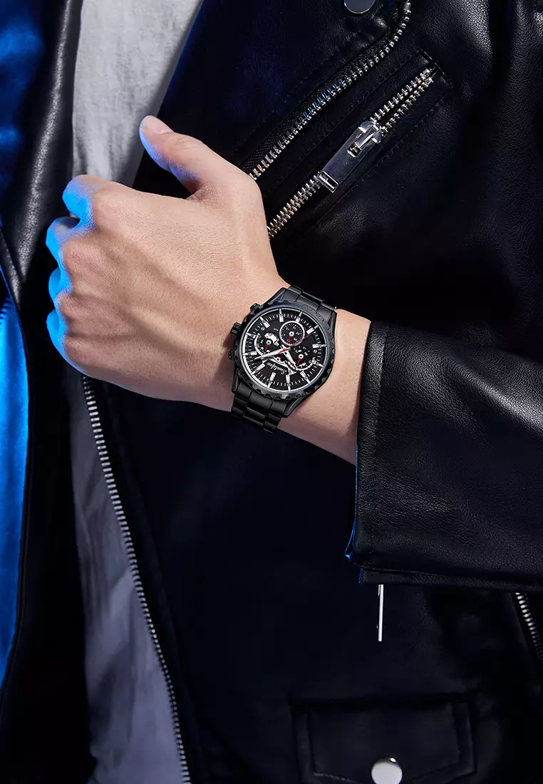 Jam Tangan Pria 8081 Kuarsa Hollow Design Kalender Tali Stainless Steel Jam Tangan Cowok Allblack