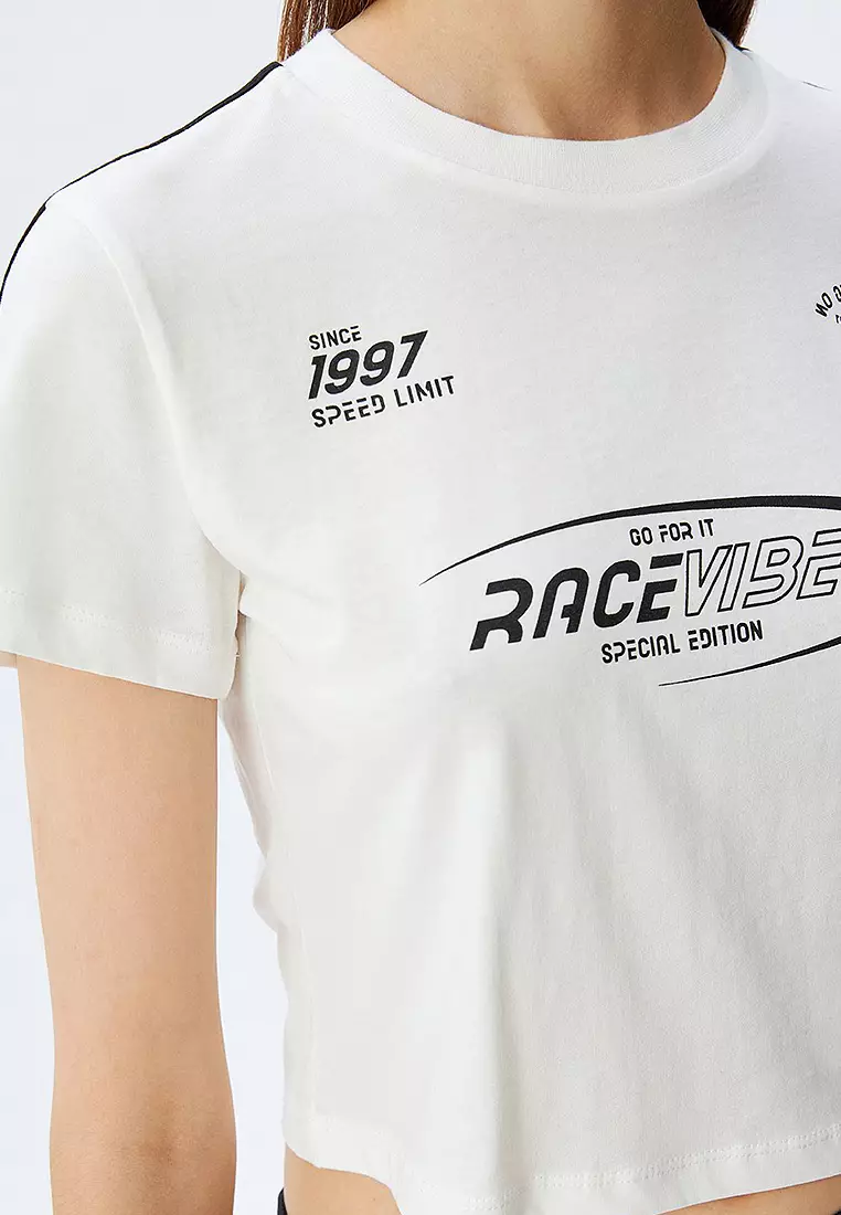 Crop Printed Bias Crew Neck Short Sleeve Cotton T-Shirt