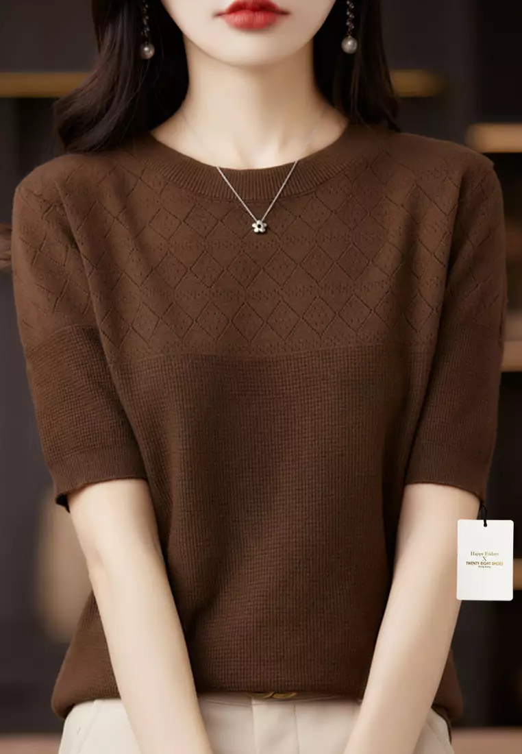 Rhombus Hollow Out Pattern Short Sleeve Knit Top JW QT-291