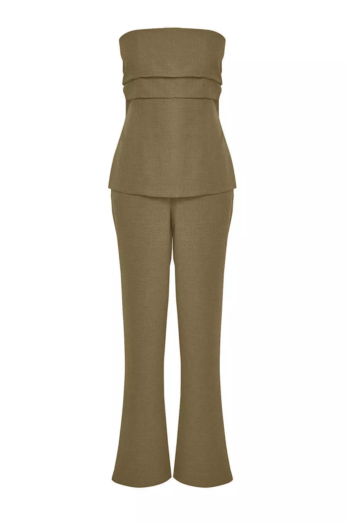 Khaki Linen Look Strapless Blouse And Pants Bottom Top Set
