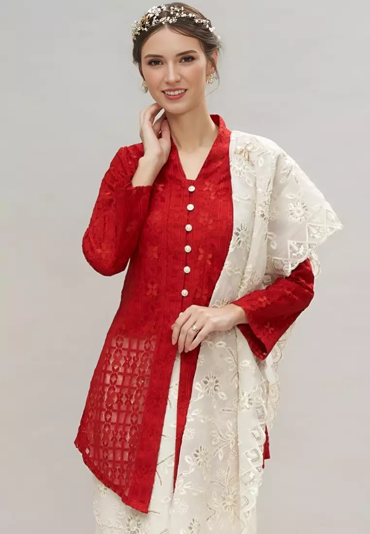 Red Checkered Lace Kebaya Top & Brokat Skirt