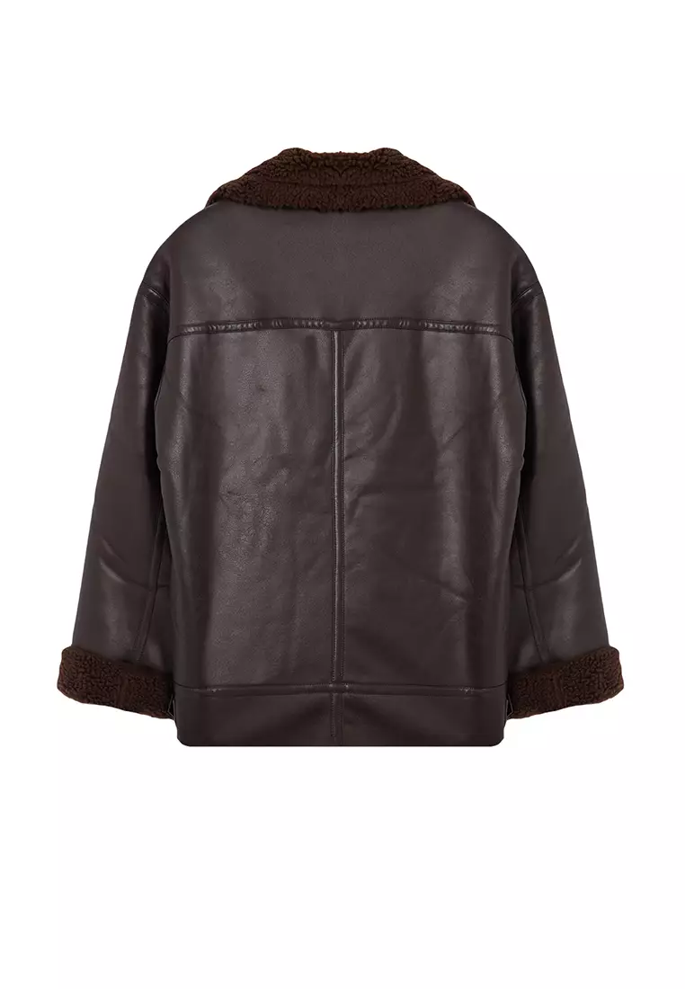 Dark Brown Regular Fit Collar Belt Detailed Plush Suede Biker Jacket Coat Twoaw25Mo00011