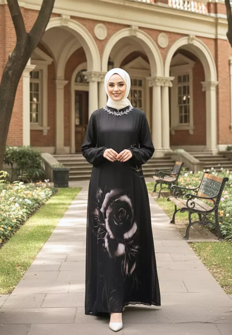 Mosleem Long Dress Floral Motif With Pearl Detail In Black By Brilliant Girl Warna HITAM
