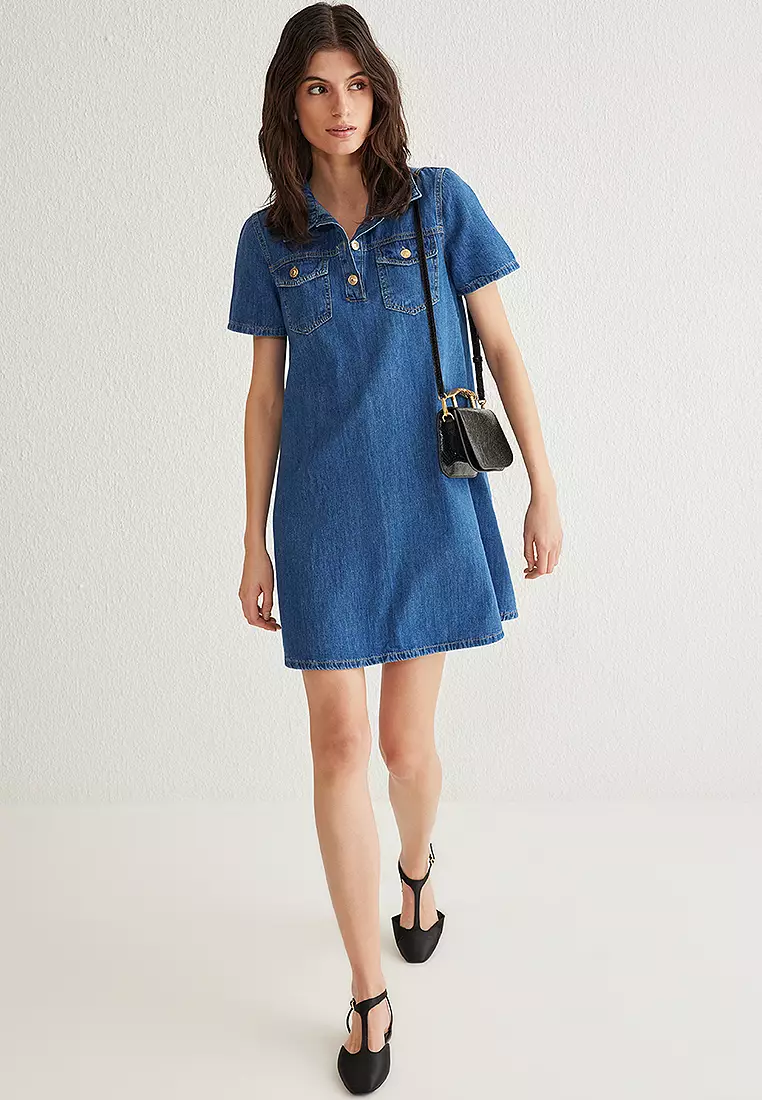 Pockets Detail Mini Denim Shirt Dress