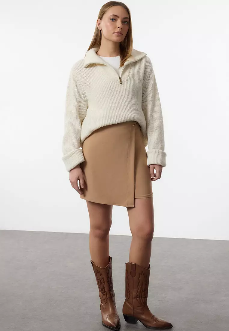 Camel Double Breasted Mini Length Woven Skirt TWOAW25ET00070