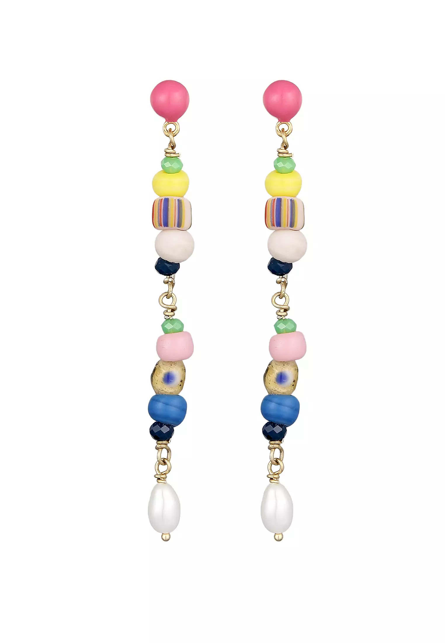 Earrings Ear Hangers Beads Colourful Freshwater Cultured Pearl Enamel In Gold Plated