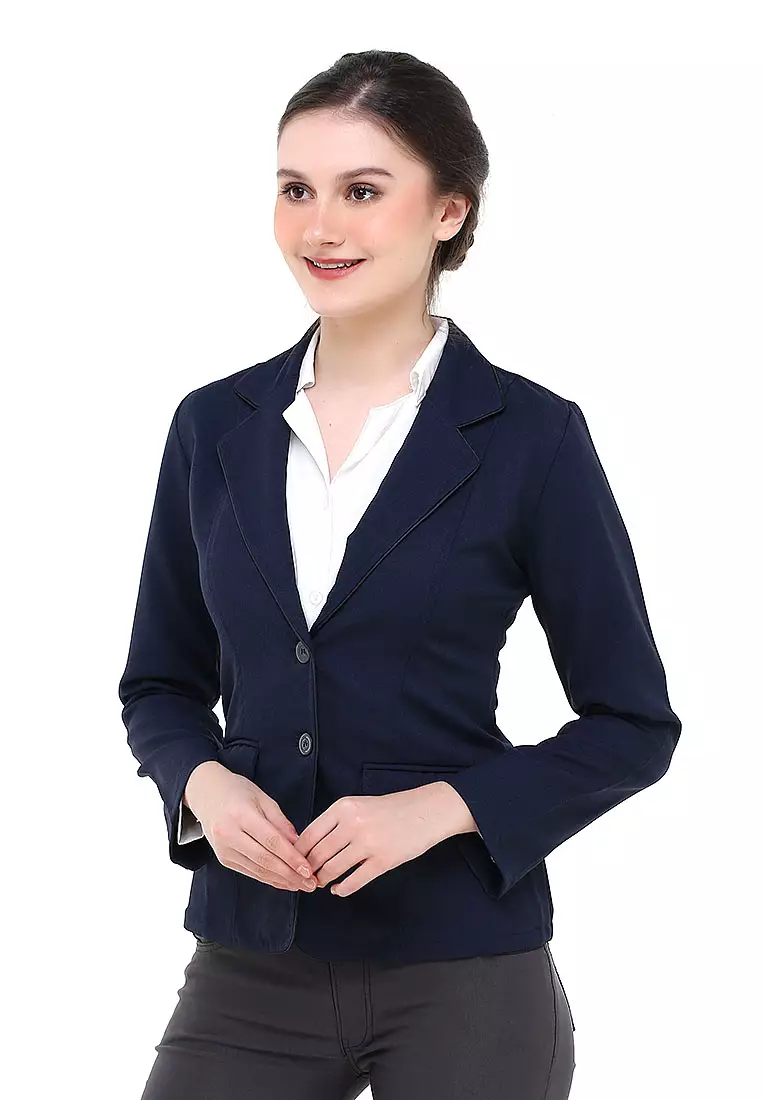 Qemsya Jas Blazer Wanita Korean Style Formal Longsleeve Suit Material Polyester ORIGINAL - Navy
