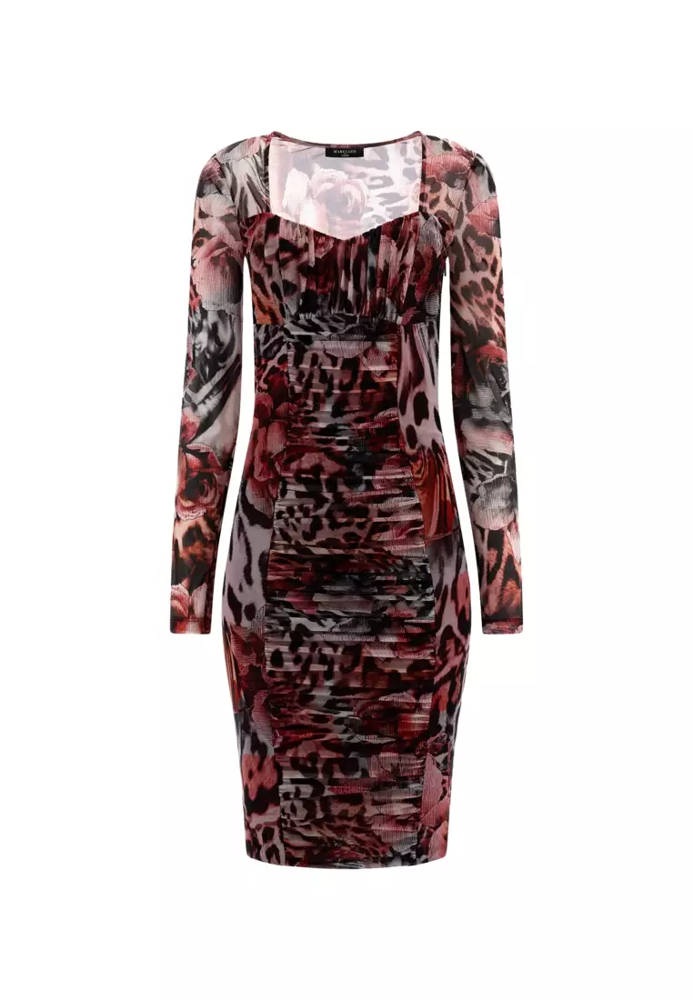 Red Floral Print Mesh Dress with Ruched Detailing