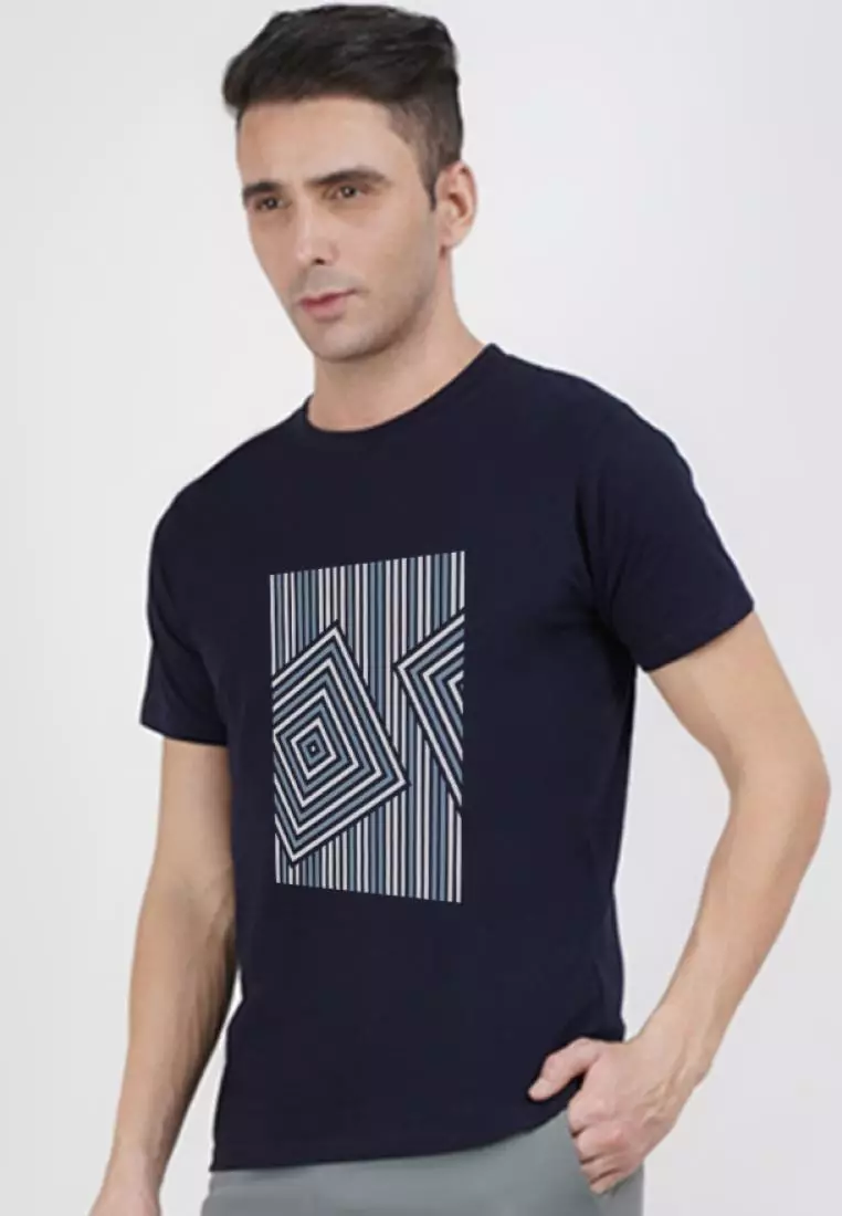 动态图案图形海军蓝色棉质短袖标准版型 T 恤