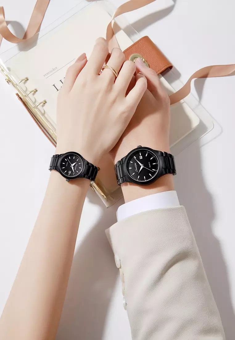 Jam Tangan Couple Original Tanggal Luminous Santai Tali Stainless Steel Jam Tangan Pria/Wanita 9108 allblack