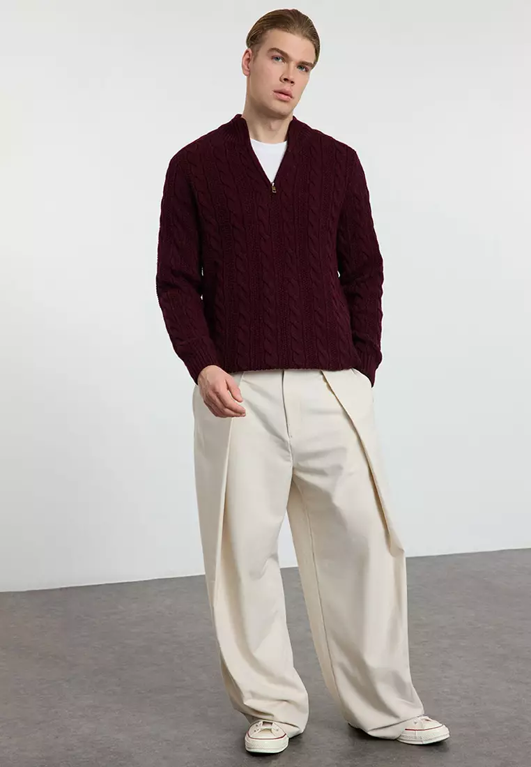 Claret Red Unisex Regular Fit Zippered Half Turtleneck Knit Sweater TMNAW21KZ0737