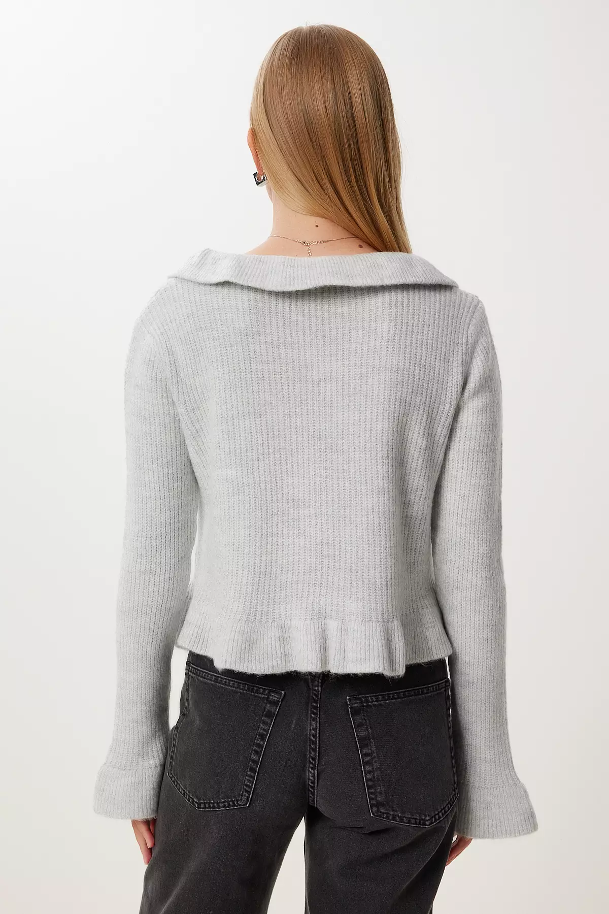 Women's Gray Flounce Tie Detailed Knitwear Cardigan Mx00247