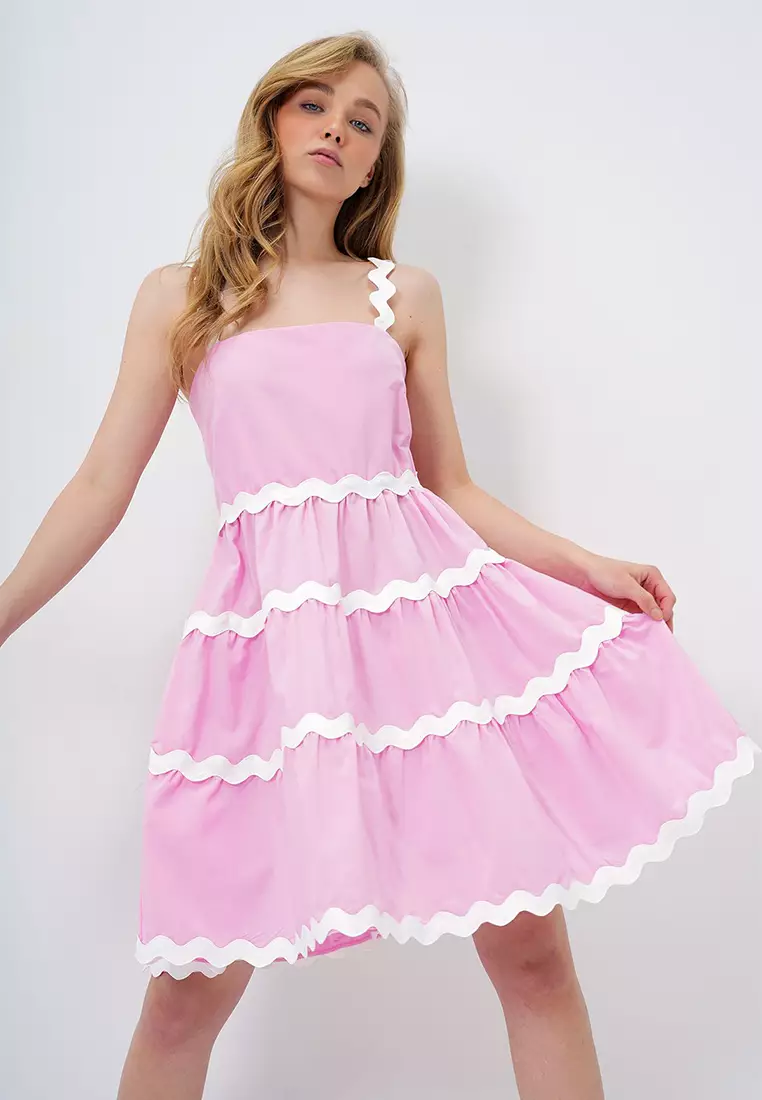 Women's Pink Zigzag Stripe Detailed Hidden Zipper Poplin Balloon Dress Alc-X14146