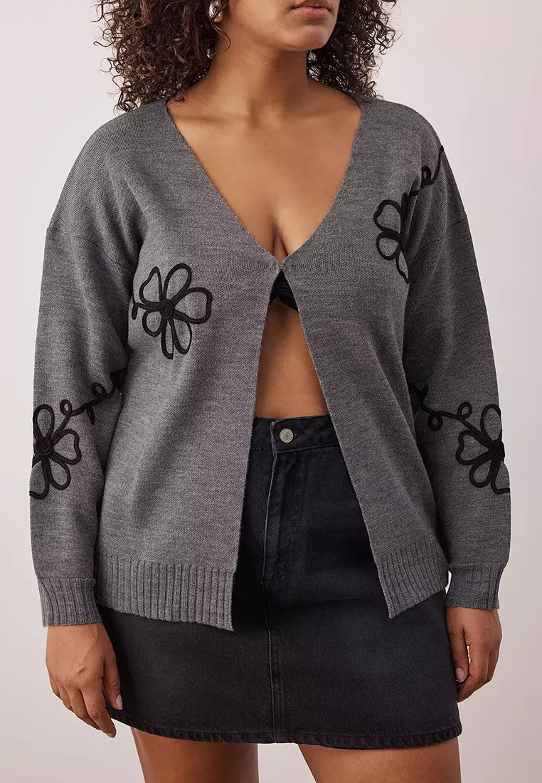 Anthracite Embroidery Detailed V-Neck Knitwear Cardigan Tbbaw26Av00018