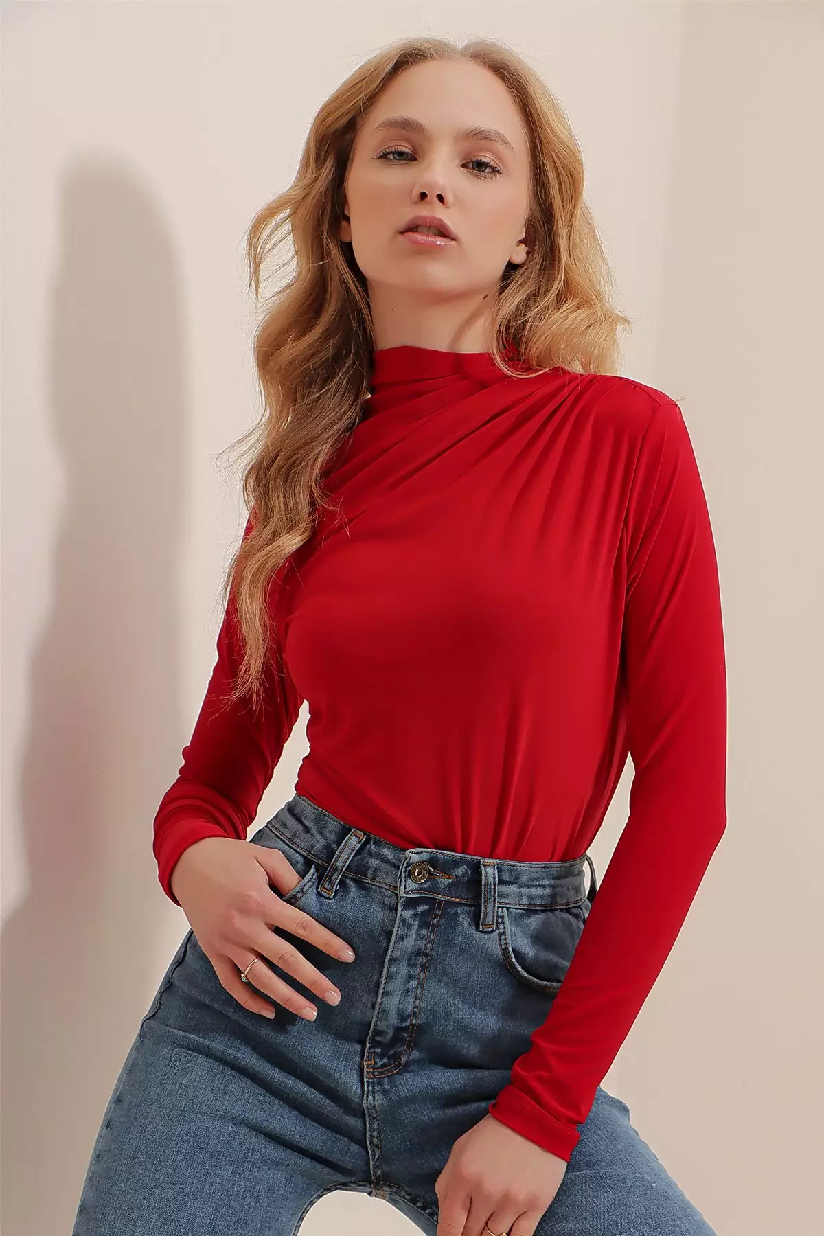 Women's Red High Neck Draped Shoulder Sandy Crop Blouse