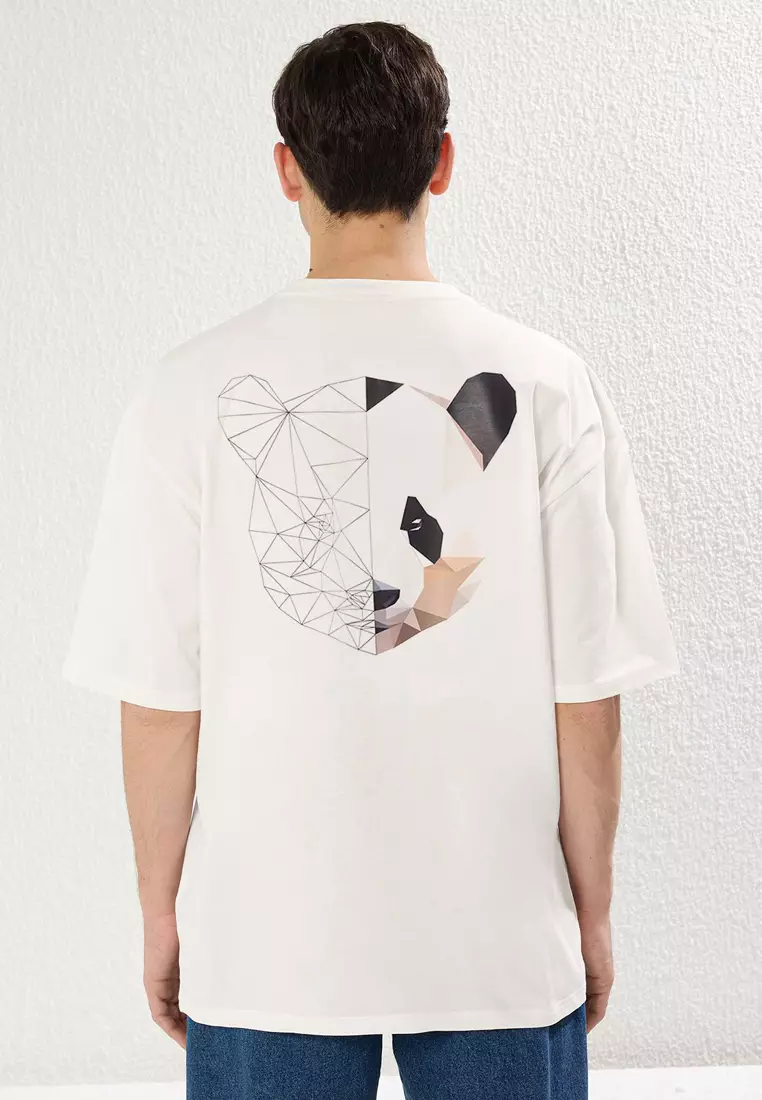 Ecru Oversize/Wide Cut Animal Printed Back 100% Cotton T-Shirt TMNSS25TS00117