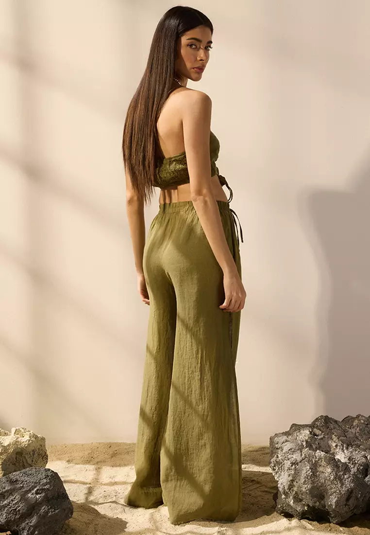 Khaki Weaving 100% Linen Slit Beach Trousers TBESS25PL00004