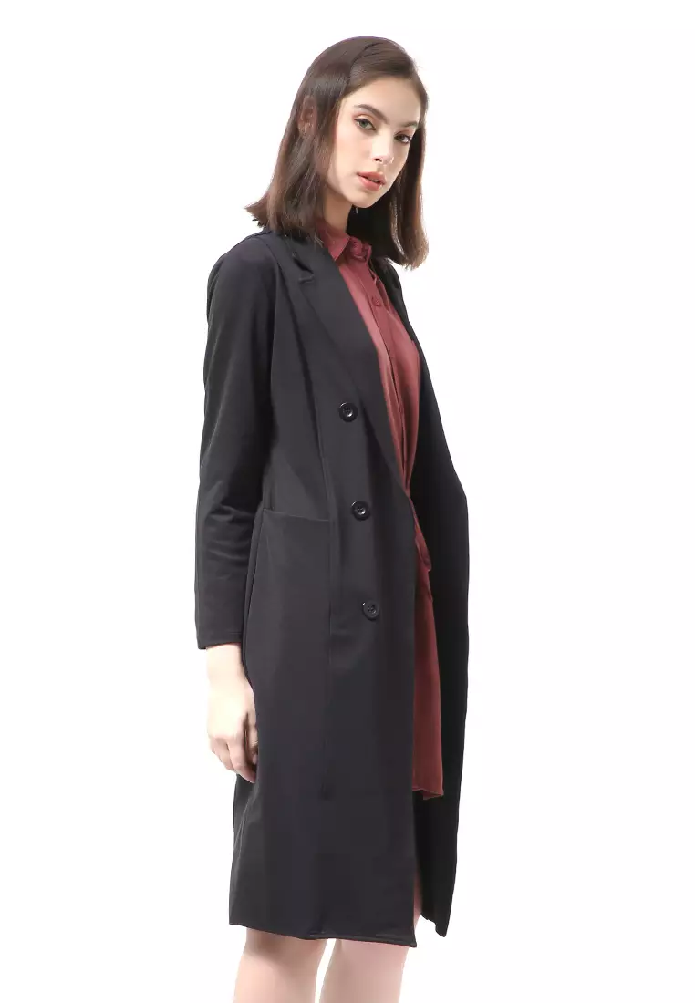 Myra Outerwear Wanita Long Blazer Desain Kancing Plain Motive Material Wedges ORIGINAL - Black