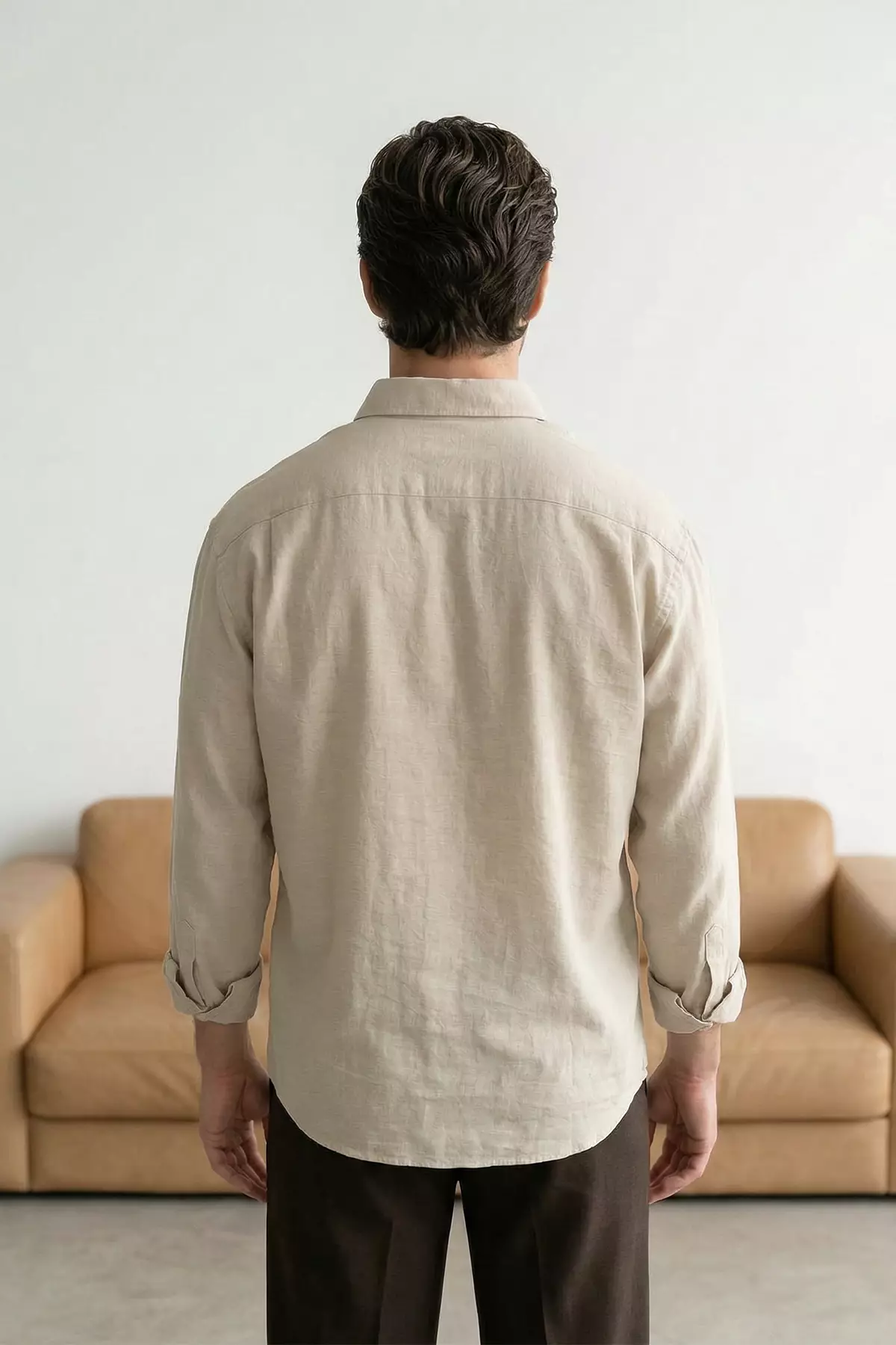 Cream Linen Textured Long Sleeve Semi Oversized Men'S Shirt Tmnss26Go00036