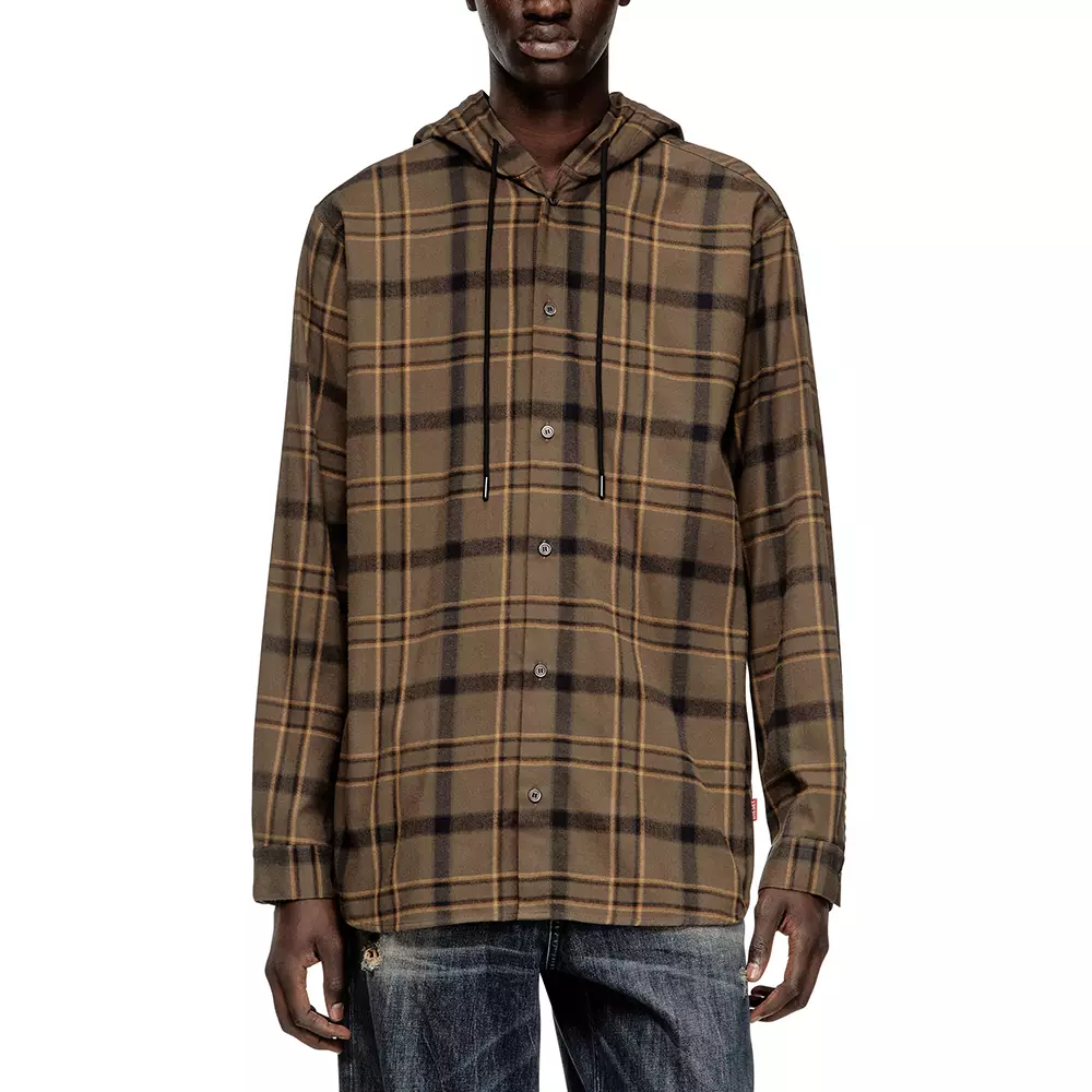 Hooded Shirt In Check Flannel With Logo Beige/Brown