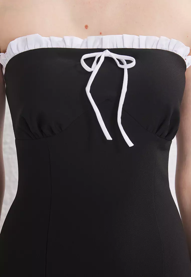 Black-White Lace Detailed Woven Mini Evening Night Graduation Dress TPRSS25EL00289