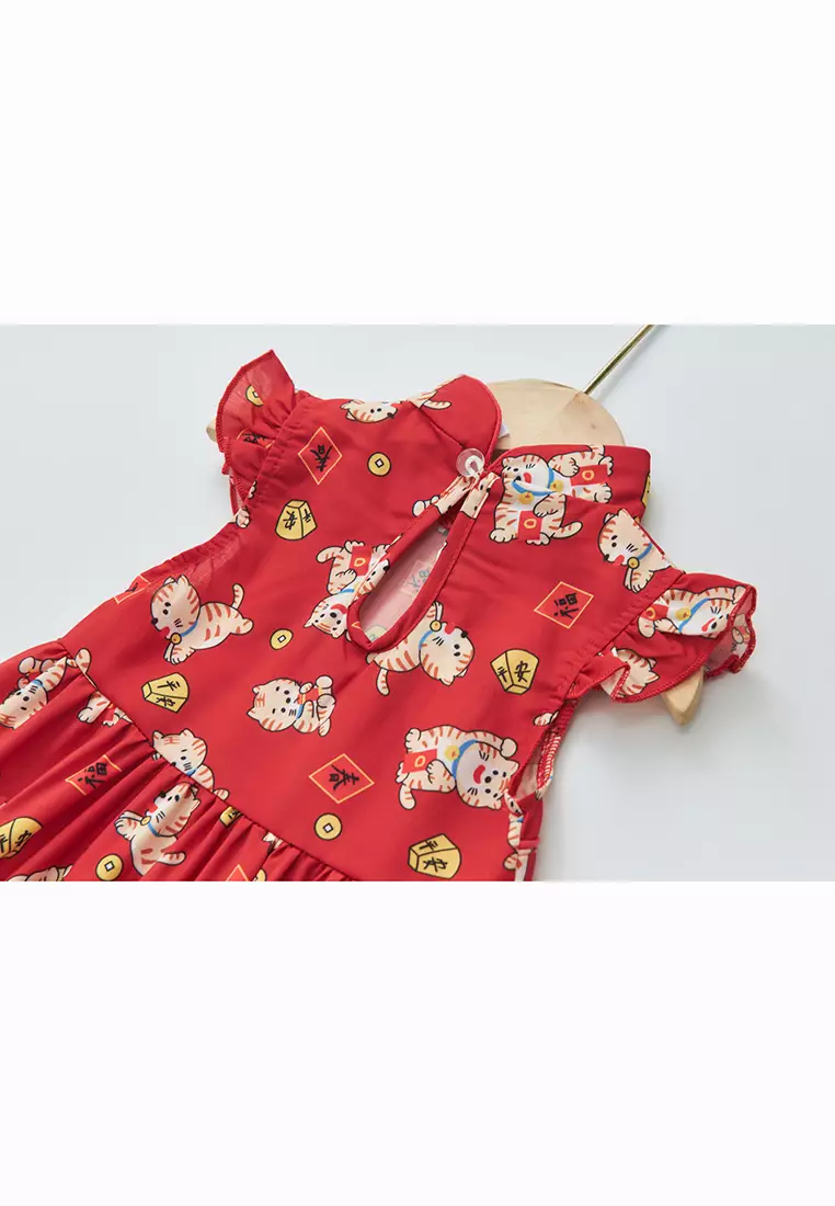 Baby Girl Red Lucky Cat Cheongsam Dress 0817X