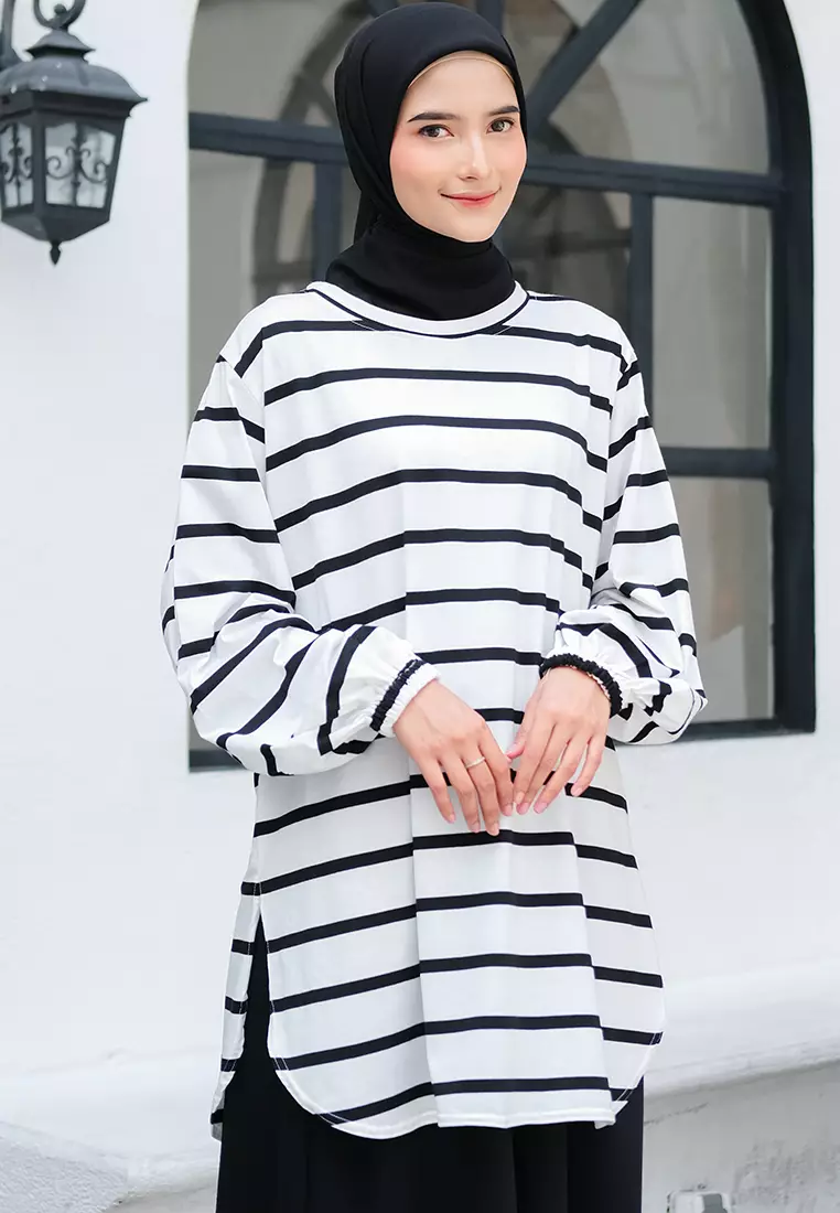 JV Hasanah Baju Kurung Oval Big Stripe White | Atasan Baju Kurung Oval Salur Besar Kaos Adem
