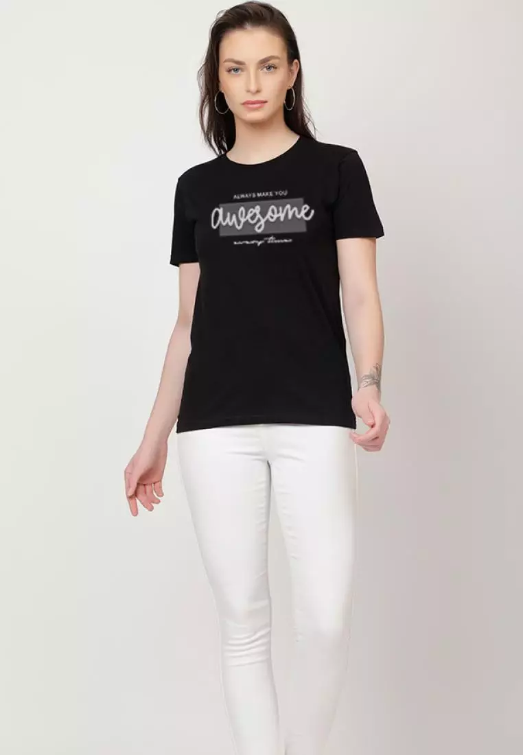 Always Awesome Relaxed Short Sleeve Stylish Black Cotton Casual Graphic Print Tee/TShirt