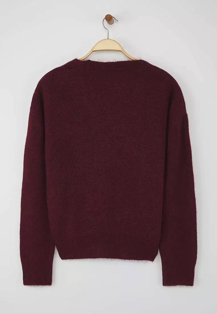 Wardrobe Essentials Burgundy Wool Wide-Cut V-Neck Knit Cardigan | Twoaw26Hi00083