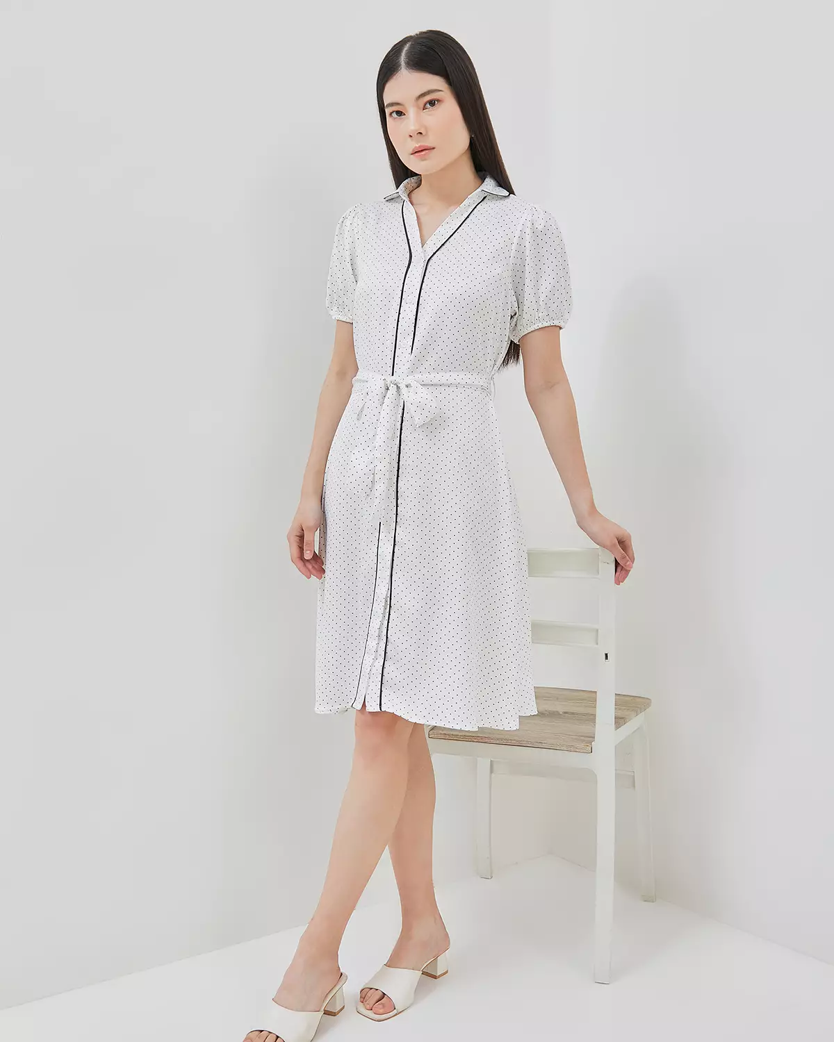 WOMEN'S WHITE POLKADOT MIDI DRESS