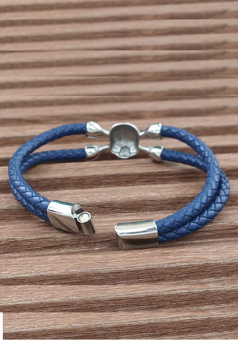 Accessories Gelang Pria Skull Hola Leather Bracelet Silver & Blue