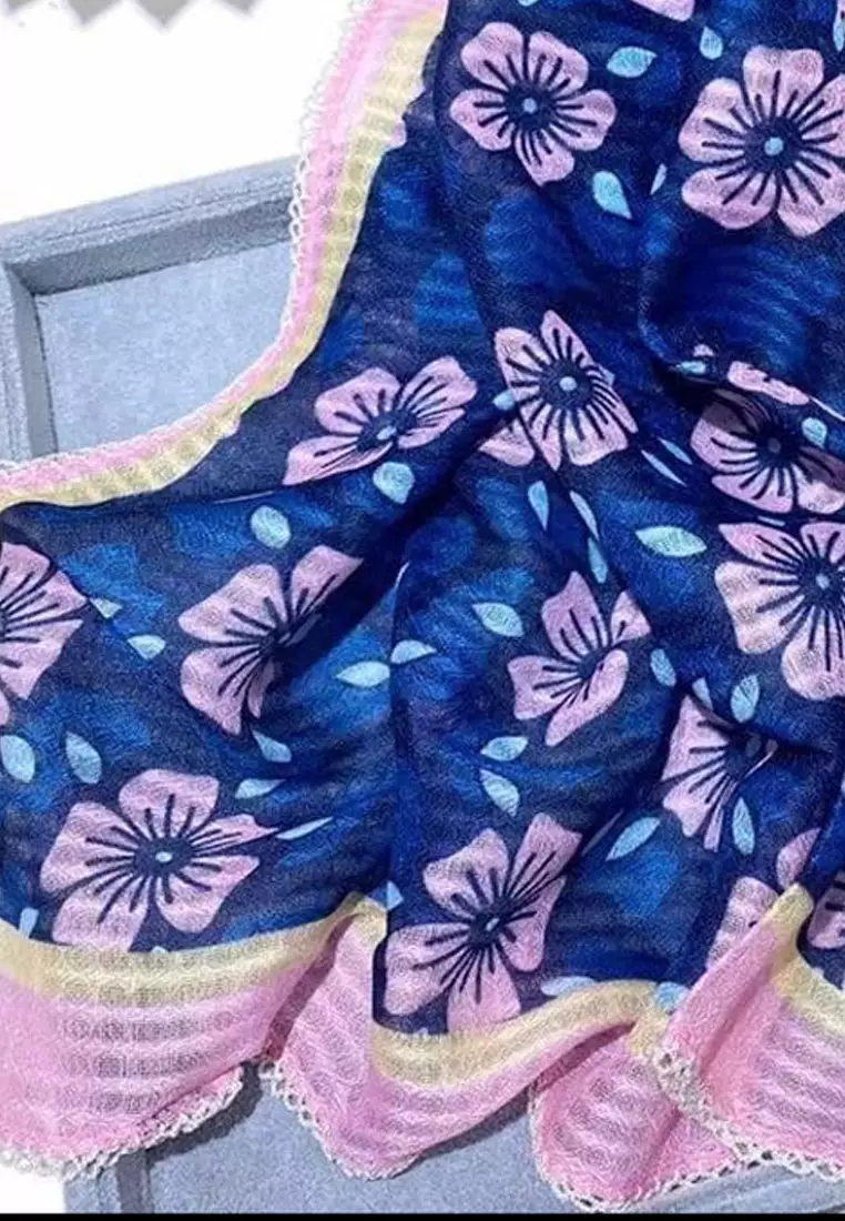 Aksesoris Wanita Aloha Flora Crochet Hem Square Scarf Syal Wanita Blue & Pink