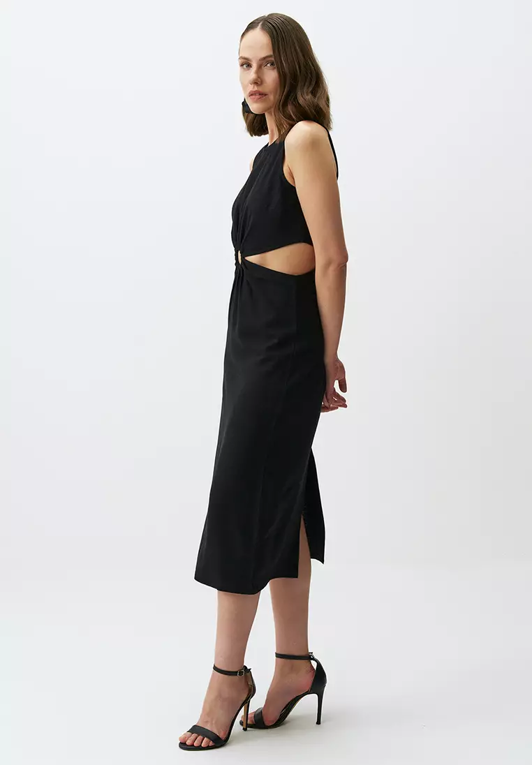 Jimmy Key Black Sleeveless Linen Midi Dress with Waist Detail