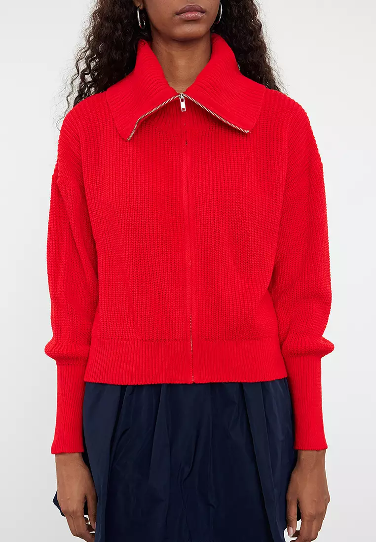 Red Wide Pattern Turn-down Collar Zippered Knitwear Cardigan TWOAW24HI00072