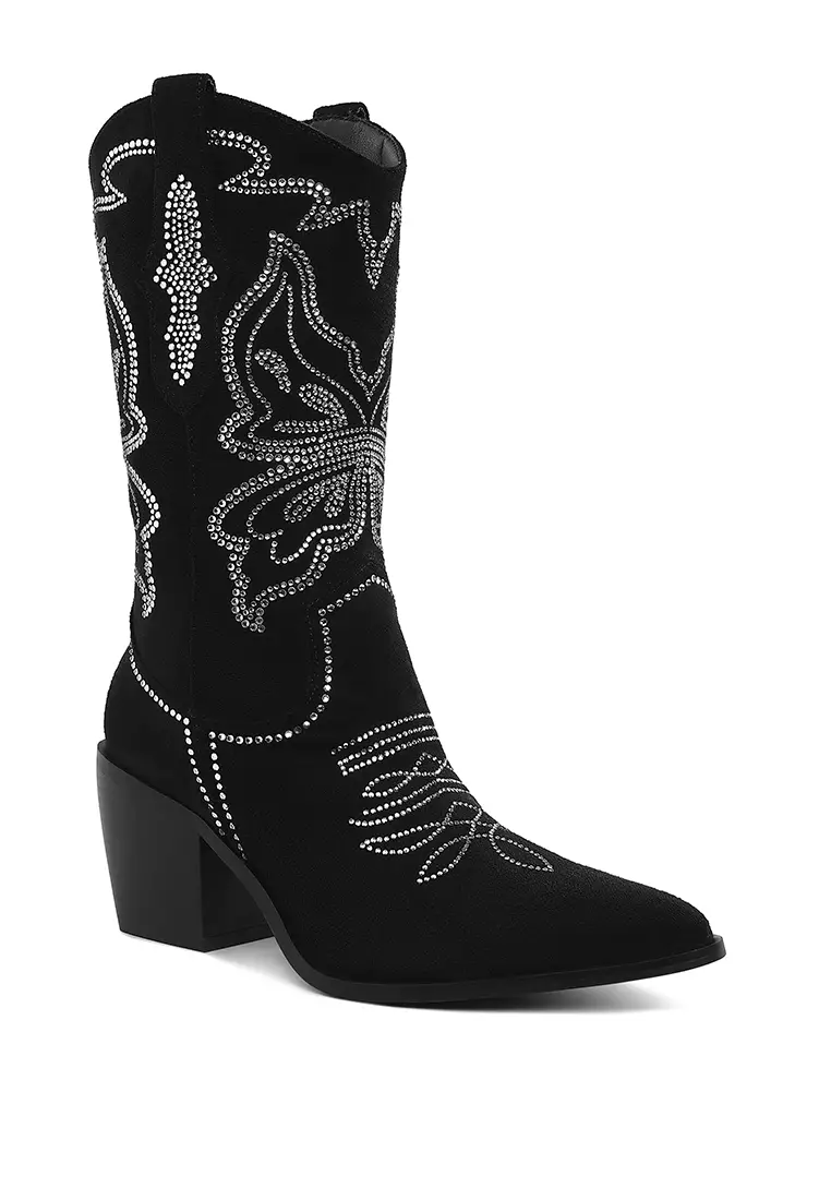 Rhinestones Embellished Cowboy Boots in Black