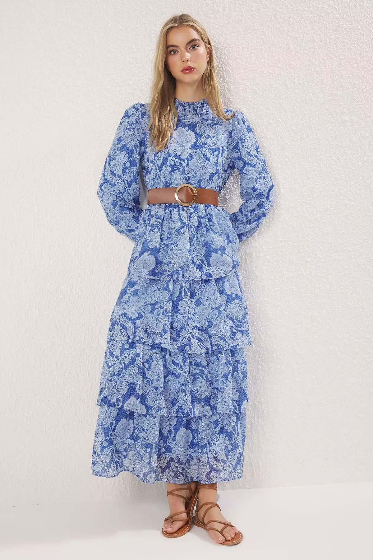 Buy Trendyol Saks Stand Collar Patterned Belt Lined Chiffon