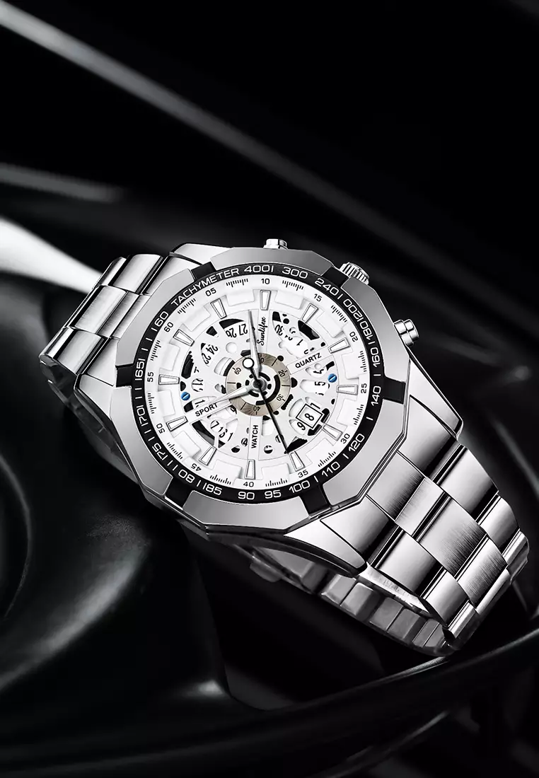 Jam Tangan Pria Original Calendar Luxury Bisnis Tali Stainless Steel Jam Tangan Cowok 9096 silver white