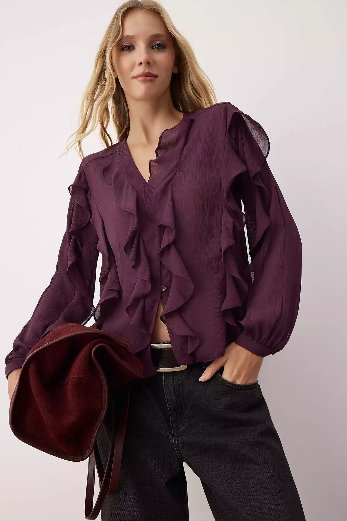 Burgundy Flounced Boho Semi-Transparent Shirt Twoaw26Go45