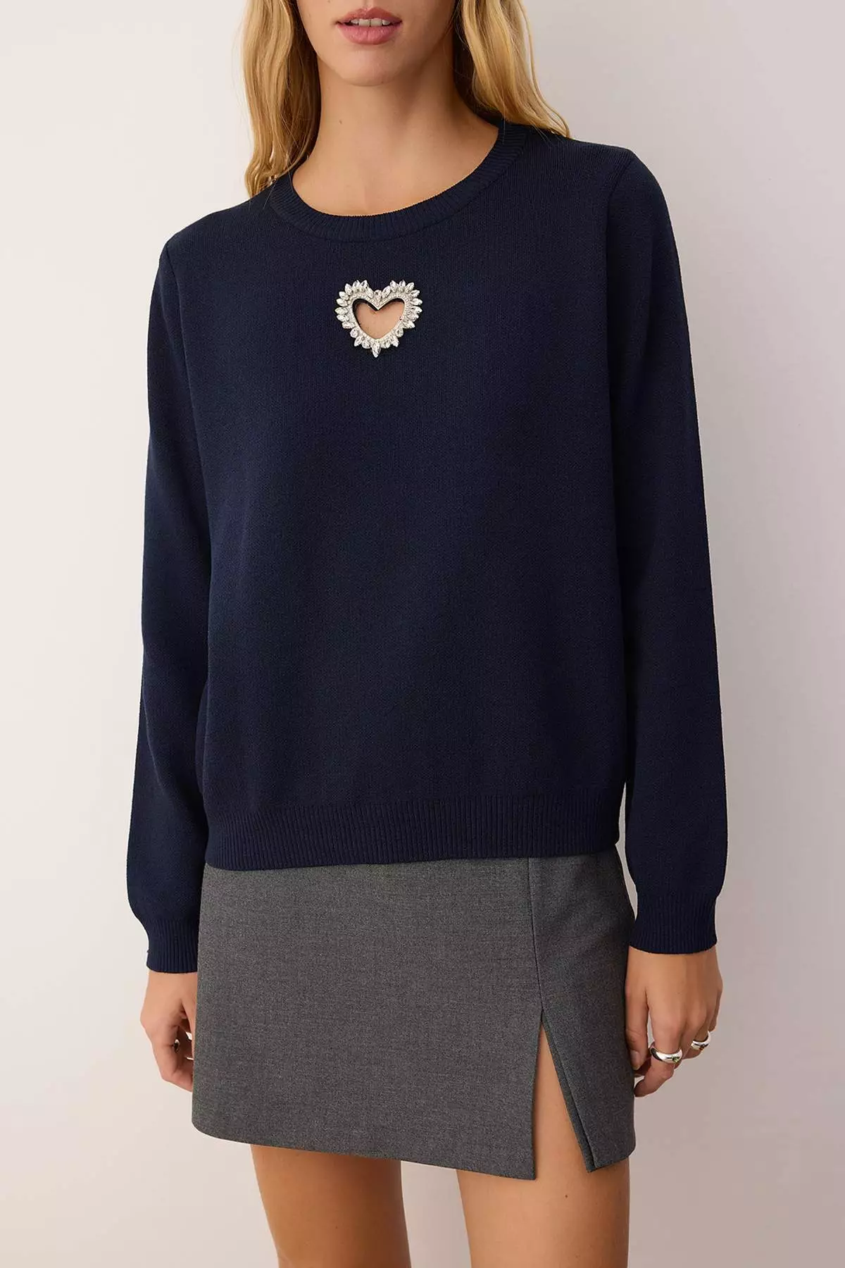 Navy Blue Heart Cut Out/Window Detailed Knitwear Sweater