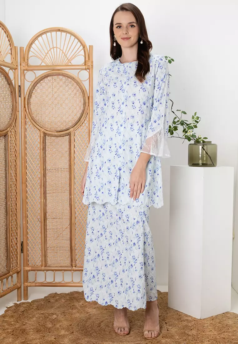 ANGGUN Lace Sleeves Cotton Embroidery Kurung Kebaya Modern in Blue