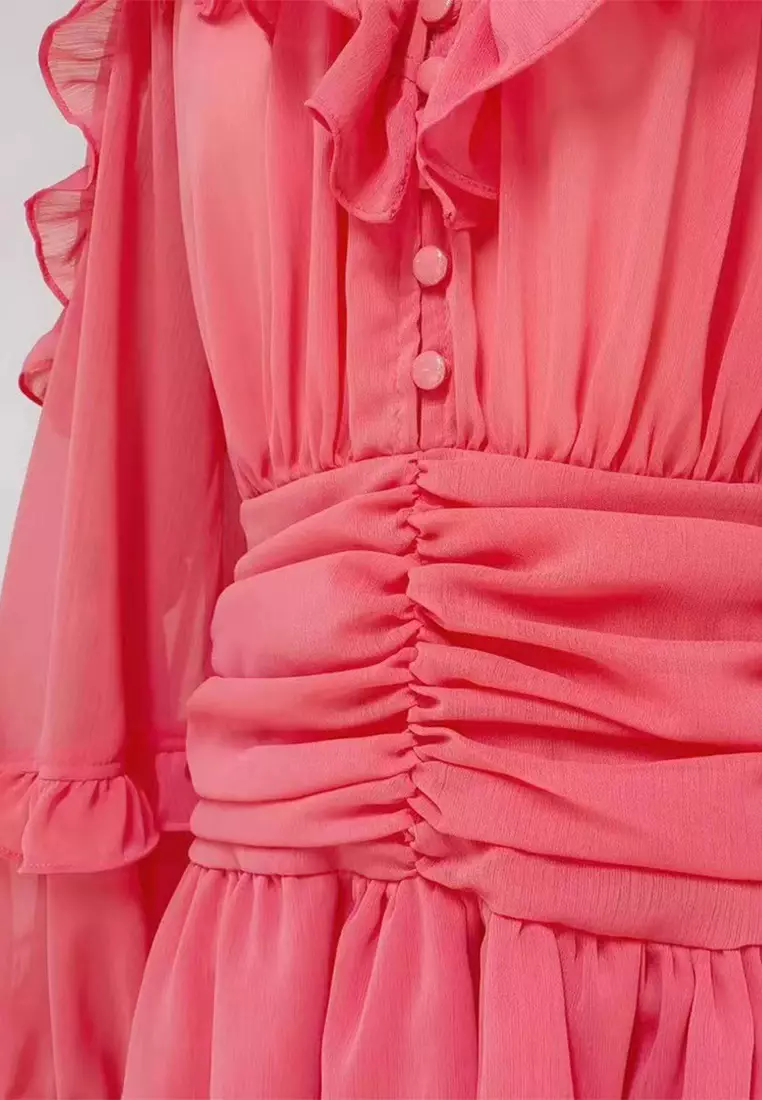 2025 autumn standing collar lotus leaf side length dress CA24081612RD