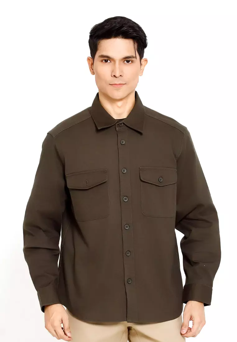 Forest 100% Cotton Twill Long Sleeve Outer Wear Shirts  Men Shirts - 30403-48Olive