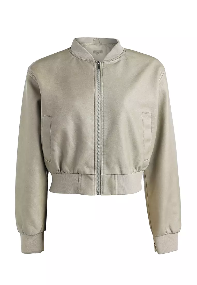 Jaket dengan ritsleting bahu terbuka warna Mocha